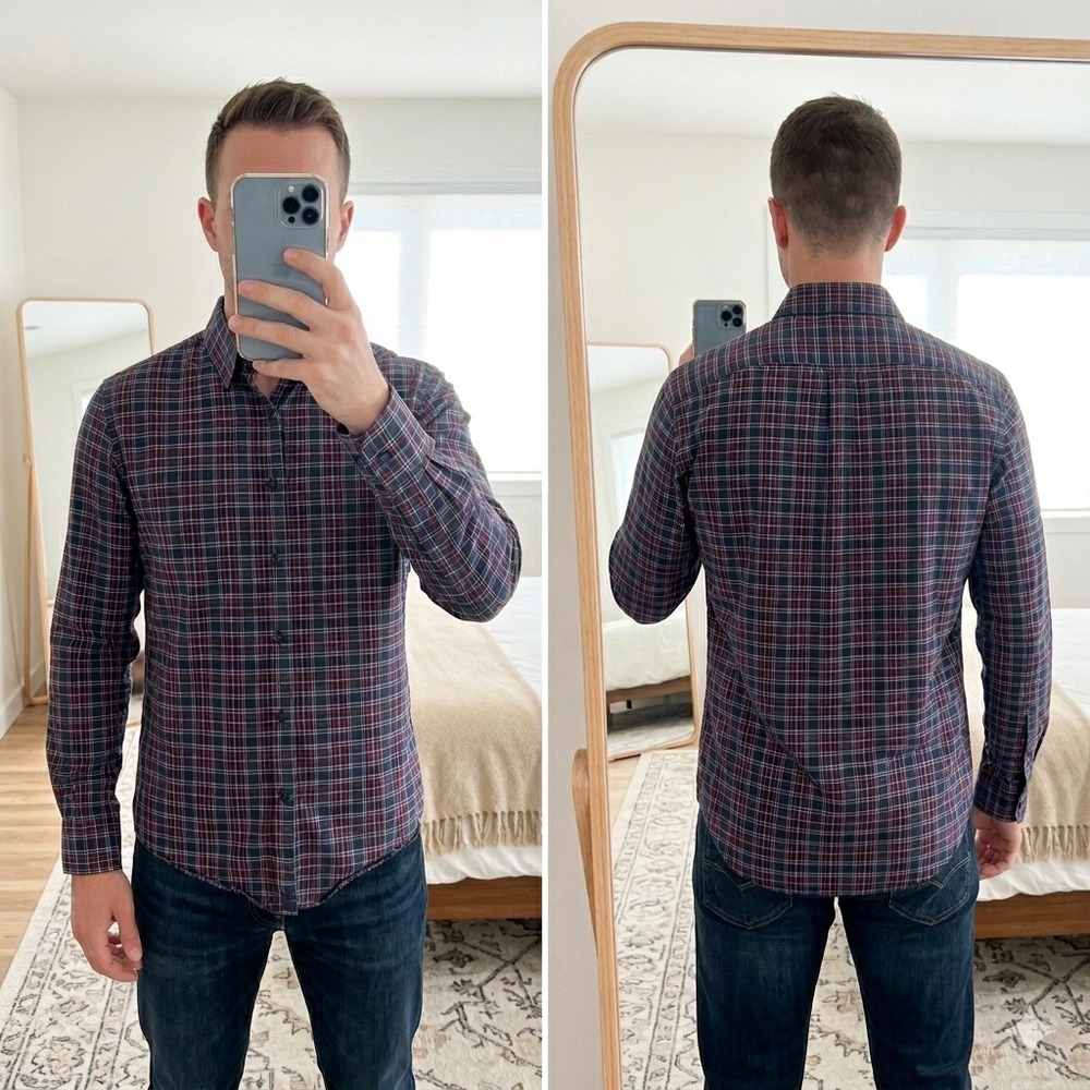 UNTUCKit Walker Road Plaid Shirt Men Medium Slim Fit Blue Red Long Sleeve Cotton